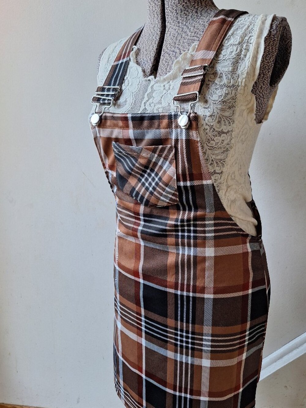 Stretchy Overalls Dress Streetwear Society Plaid Farmer Country Schoolgirl